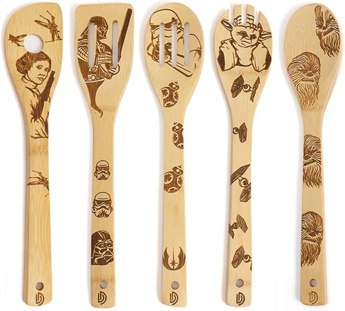 5 PCS Star War Burned Wooden Spoons Cooking Organic Spoons Turners Carved Spatulas Non-Stick for Cookware Kitchen Gadgets - Premium Quality Gifts for Housewarming and Wedding